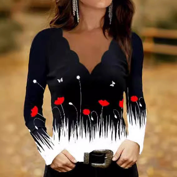 Levoire | T-shirt à col en V à impression tendance en vagues