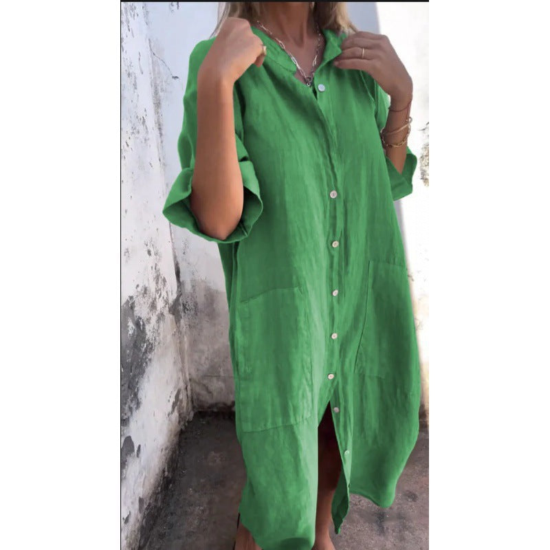 Levoire | Robe en coton-lin décontractée avec des manches trois-quarts Vert