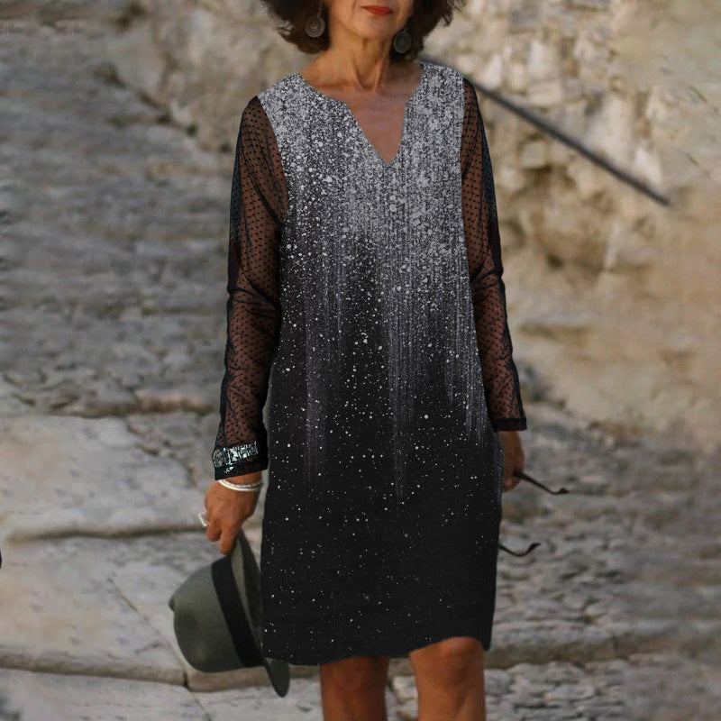 Levoire | Élégant Imprimé V-cou Manches Longues Robe en Dentelle Gris