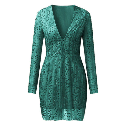 Levoire | Brillant Manches Longues Jupe Courte Robe Vert