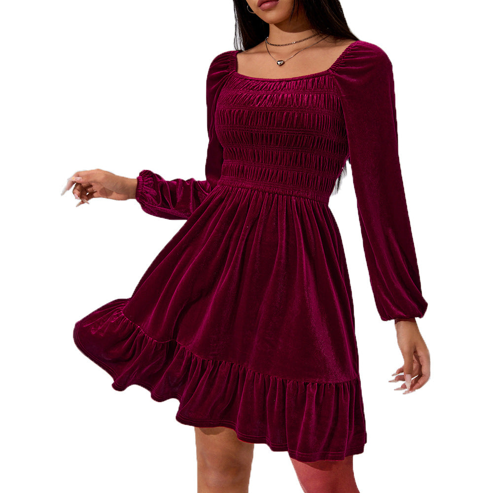 Robe Mini en Velours pour Femmes avec Détails Volants et Taille Élastique Levoire