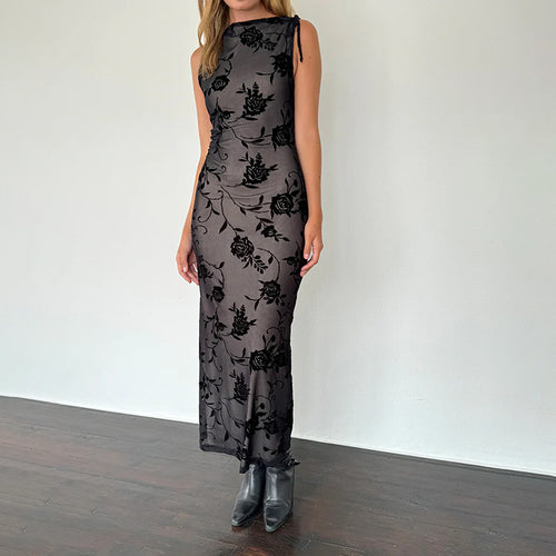 Robe Maxi Élégante pour Femmes avec Motif en Dentelle Florale et Design Sans Manches Levoire