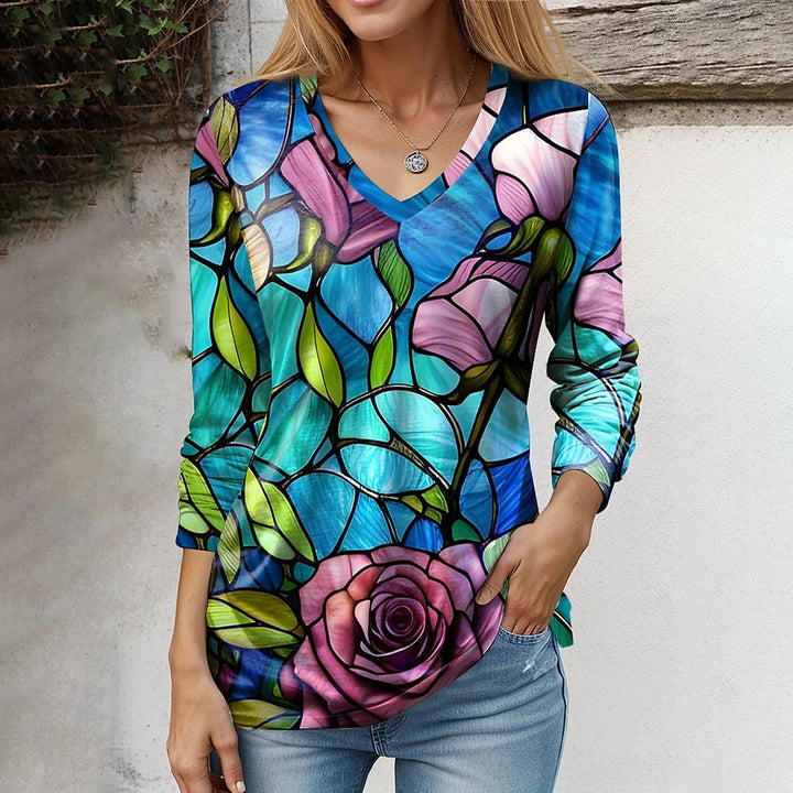 Levoire | Chic Print V-col ouvert Relaxant T-shirt