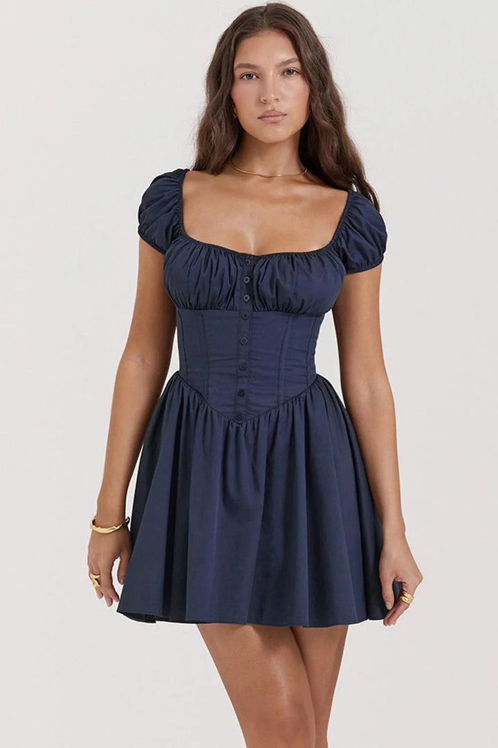 Levoire | Robe pour femmes à encolure carrée, à manches courtes et bouffantes Bleu foncé