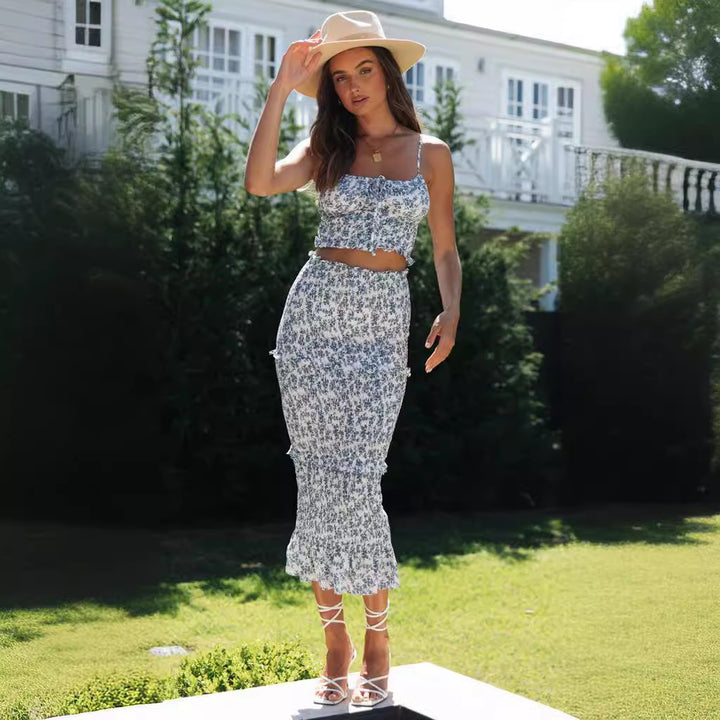 Ensemble pour femmes en deux pièces composé d'un crop top et d'une jupe midi à motif floral Levoire