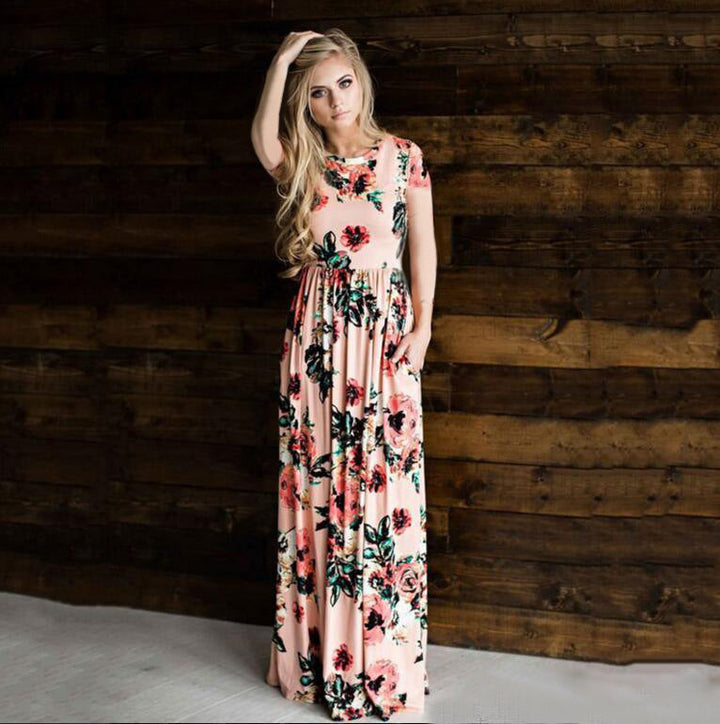 Levoire | Robe à fleurs Robe longue Robe à fleurs Jupe large Robe Rosa à manches courtes