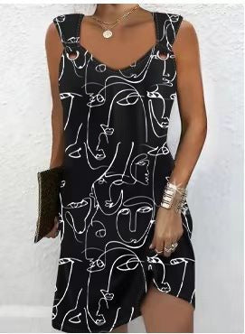 Levoire | Chic Été Rue Imprimé Abstrait Design Bouton Robe noir