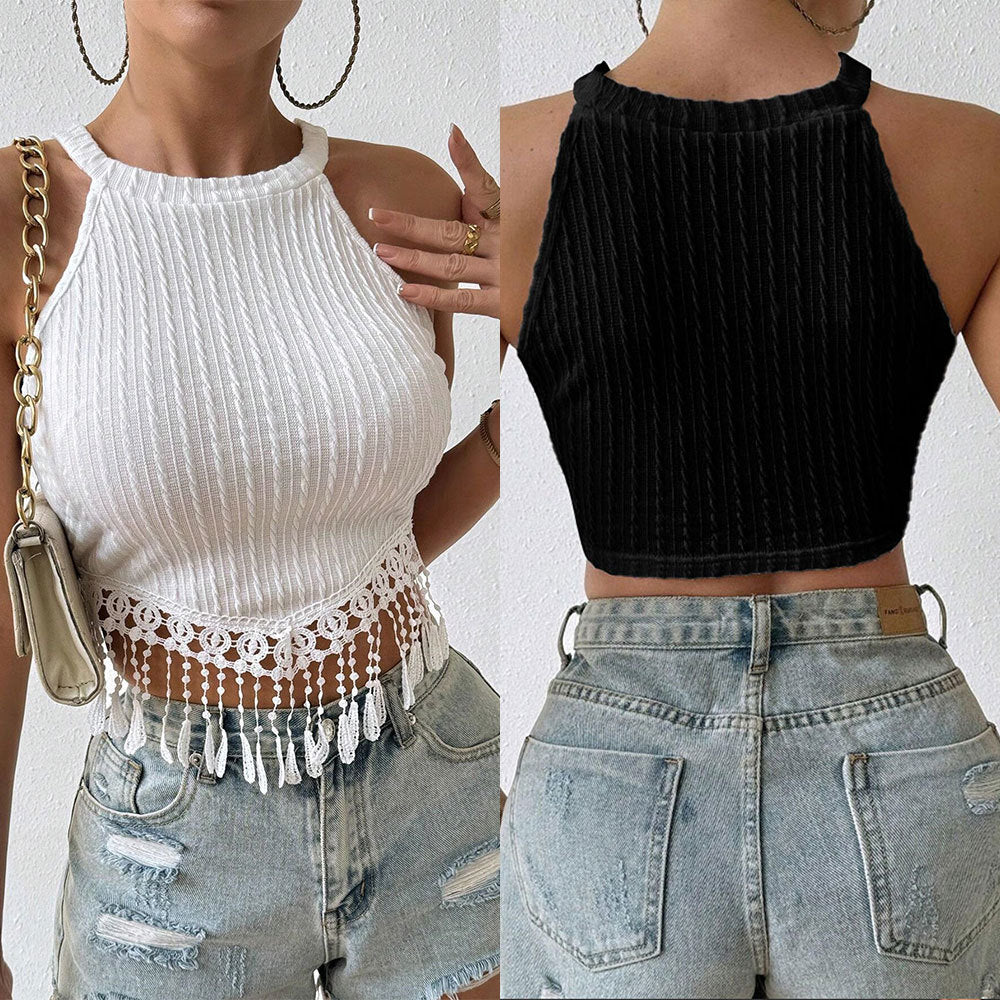 Haut halter pour femmes avec des franges et un fin motif en dentelle Levoire