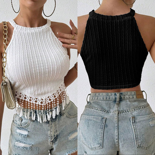 Haut halter pour femmes avec des franges et un fin motif en dentelle Levoire