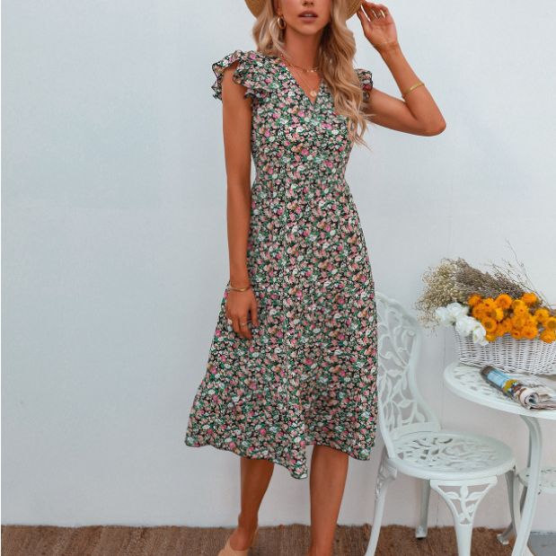 Robe évasée pour femmes avec des manches voluminées à volants et des détails floraux Levoire