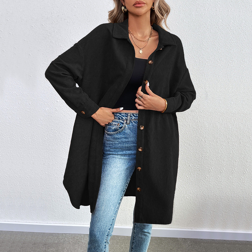 Chemise veste à manches longues pour femmes en tissu cord soft avec patte de boutonnage Levoire