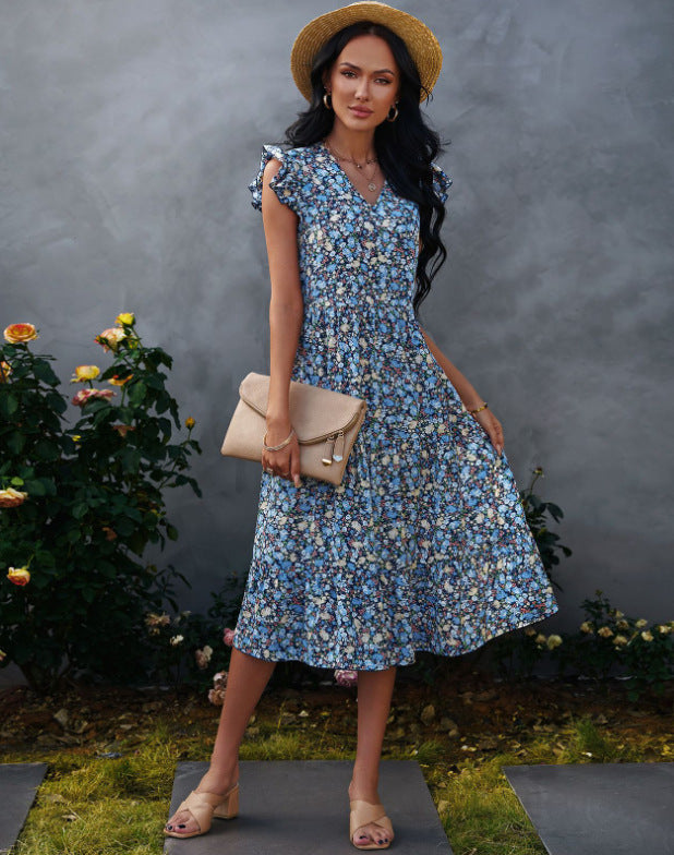 Robe évasée pour femmes avec des manches voluminées à volants et des détails floraux Levoire