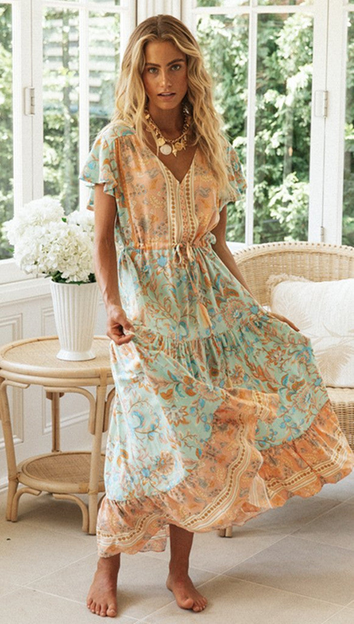 Robe d'été aérienne pour femmes avec des manches à volants ludiques et un cordon de taille élastique Levoire