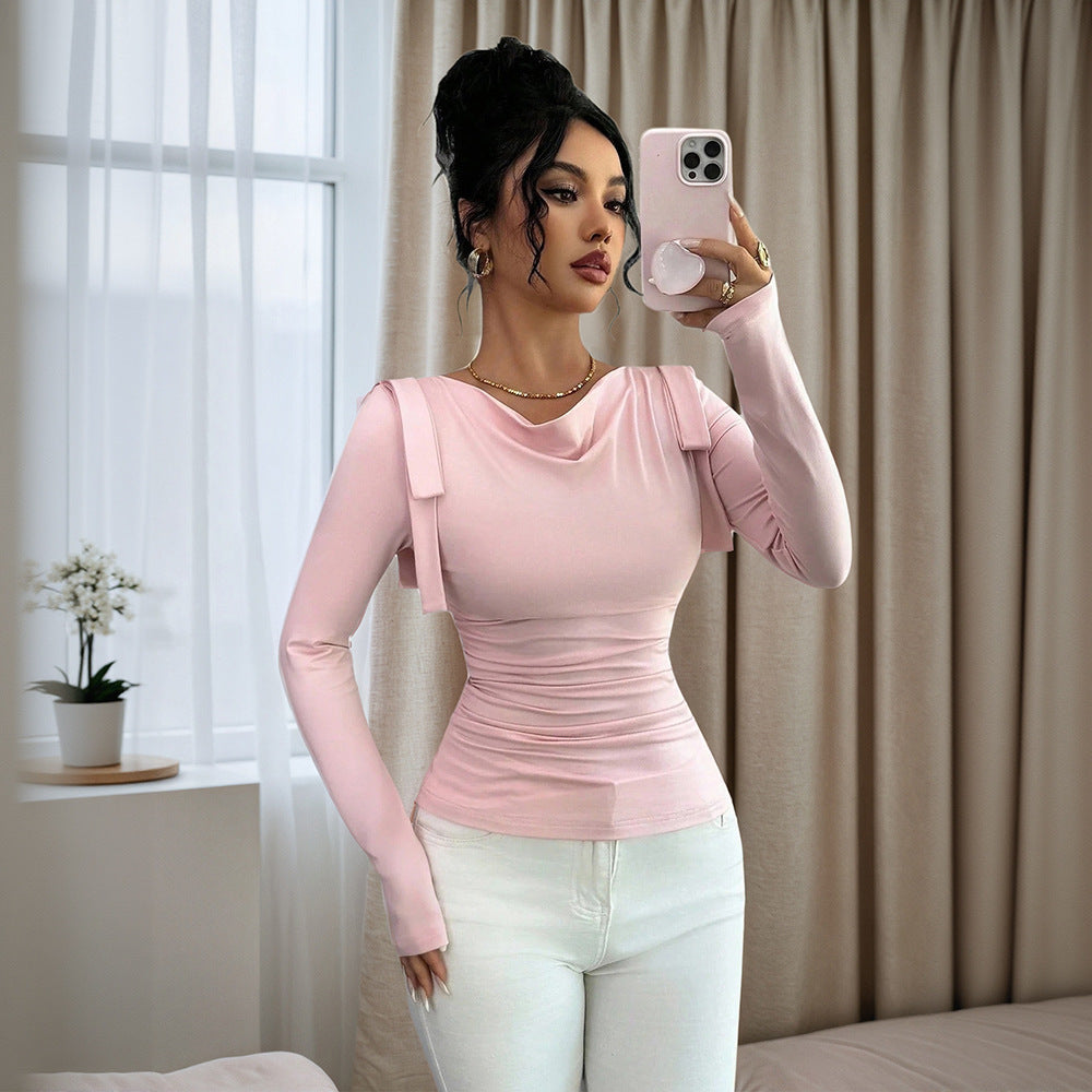 T-shirt ajusté à manches longues pour femmes avec des éléments de volants décoratifs Levoire