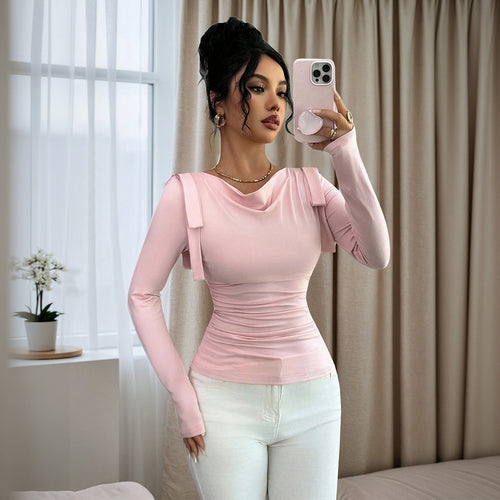 T-shirt ajusté à manches longues pour femmes avec des éléments de volants décoratifs Levoire