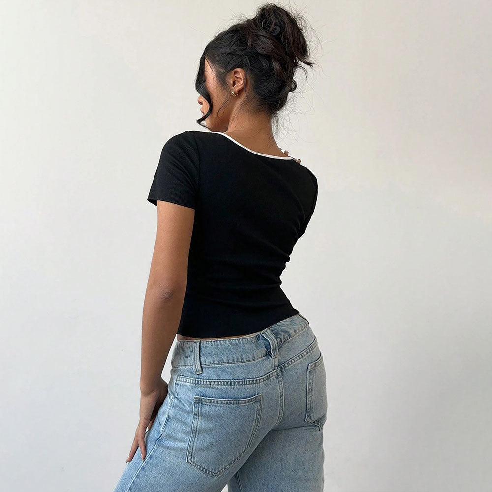 Haut court pour femmes avec boutons décoratifs en forme de papillon et décolleté en V à la mode Levoire