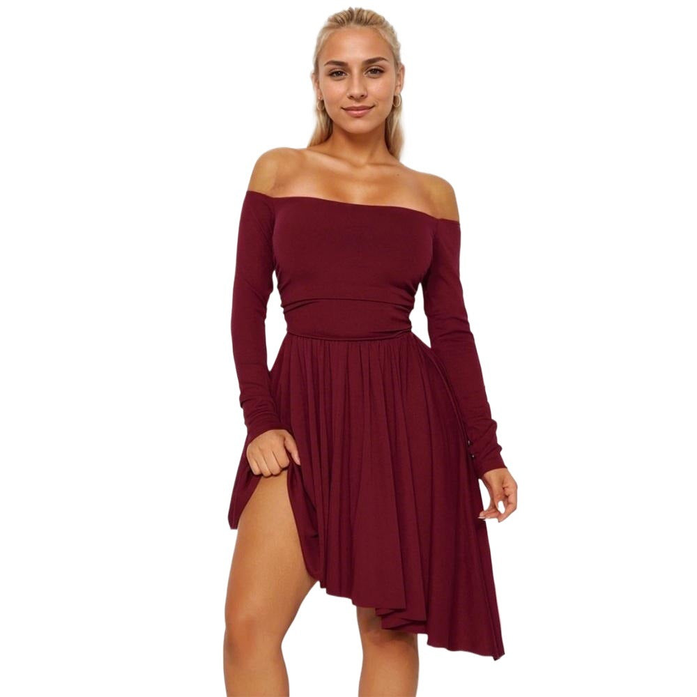 Robe midi femme dénudée des épaules avec ourlet asymétrique et manches longues Levoire