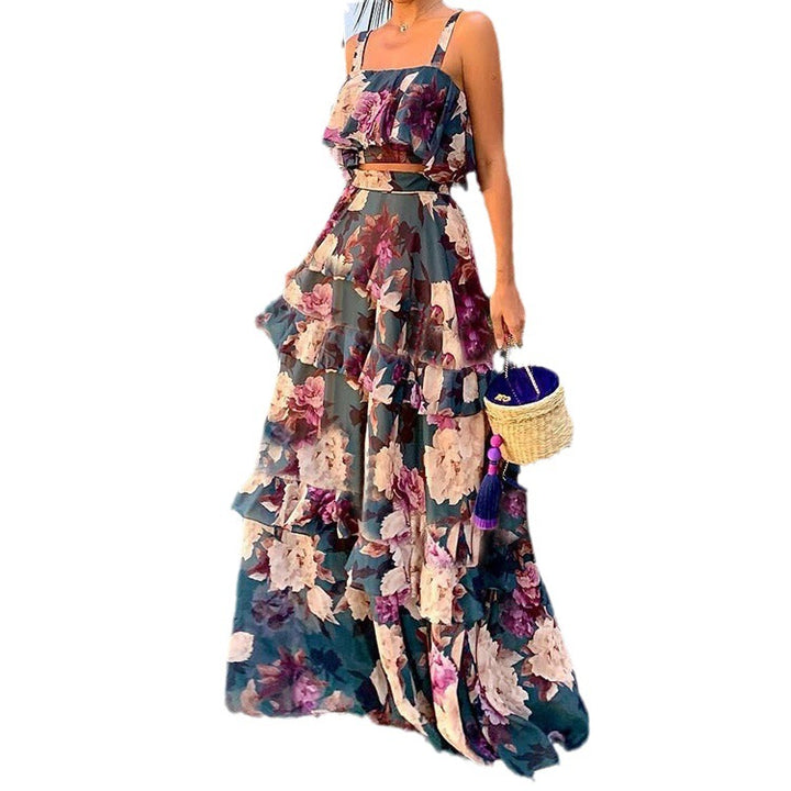 Robe Maxi Femme avec Motif Floral et Volants Levoire