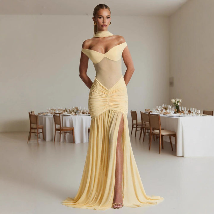 Robe Maxi Élégante pour Femmes avec Design Bardot et Fronces Levoire