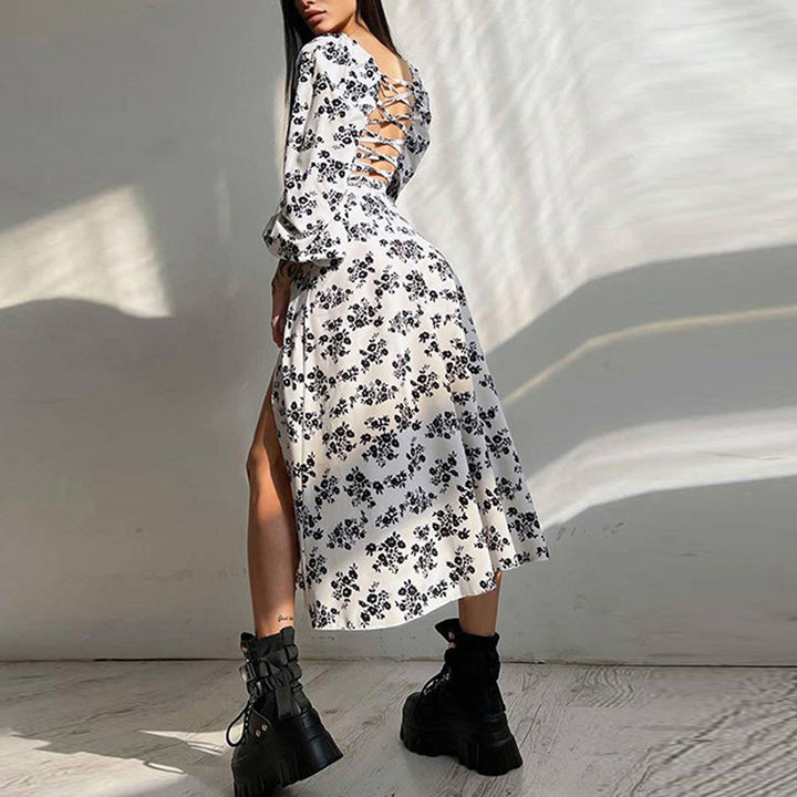 Robe maxi à manches longues pour femmes avec volants et motif floral Levoire