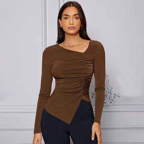 Haut ajusté à manches longues femmes avec design de drapage asymétrique Levoire