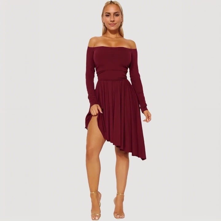 Robe midi femme dénudée des épaules avec ourlet asymétrique et manches longues Levoire