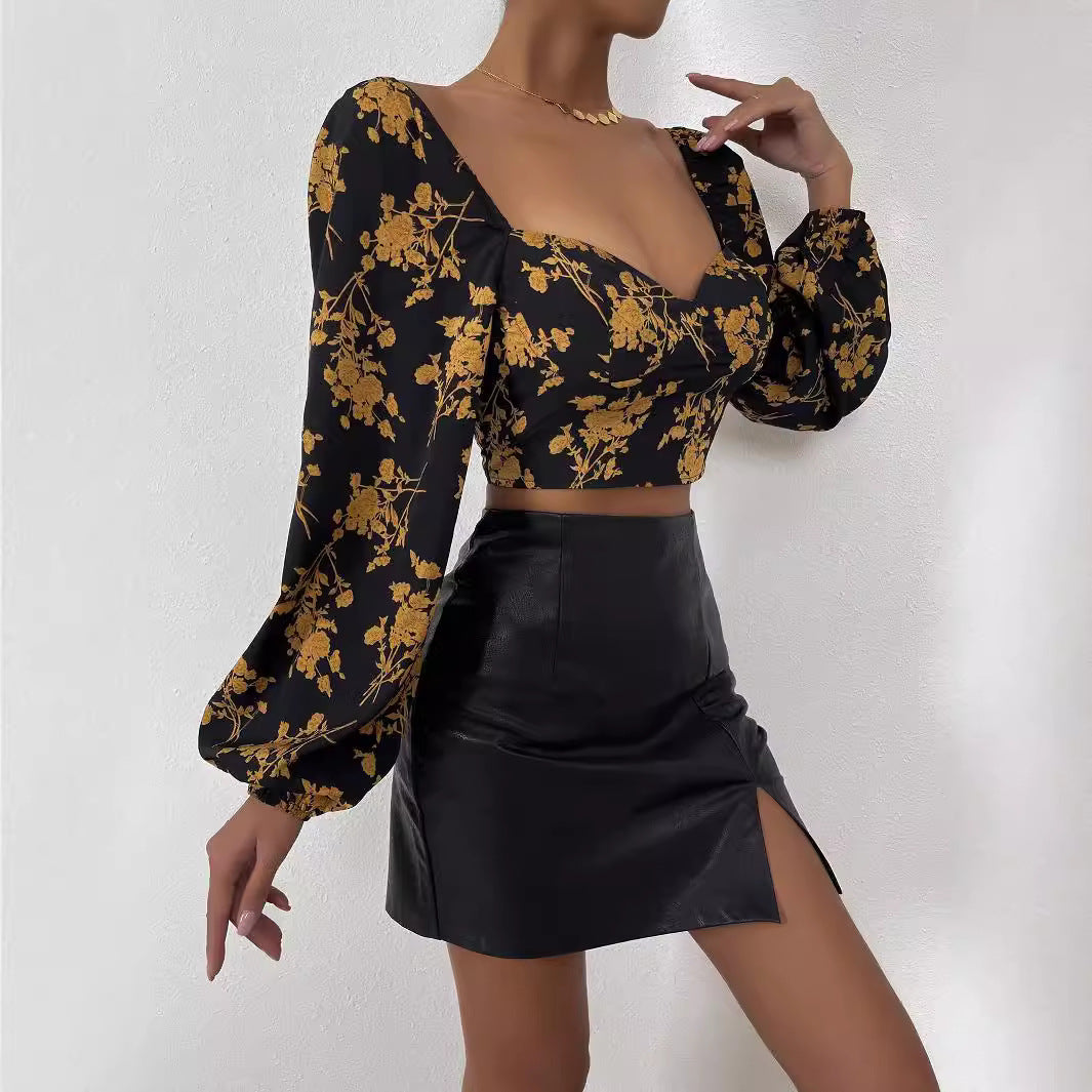 Haut court pour femmes avec motif floral et élégante manche bouffante Levoire