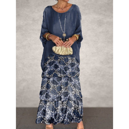 Levoire | Élégante Robe Longue à Manches Batwing et Col Ronde pour Femme Motif maritime