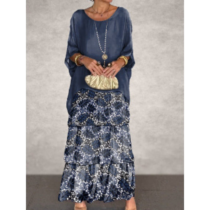 Levoire | Élégante Robe Longue à Manches Batwing et Col Ronde pour Femme Motif maritime