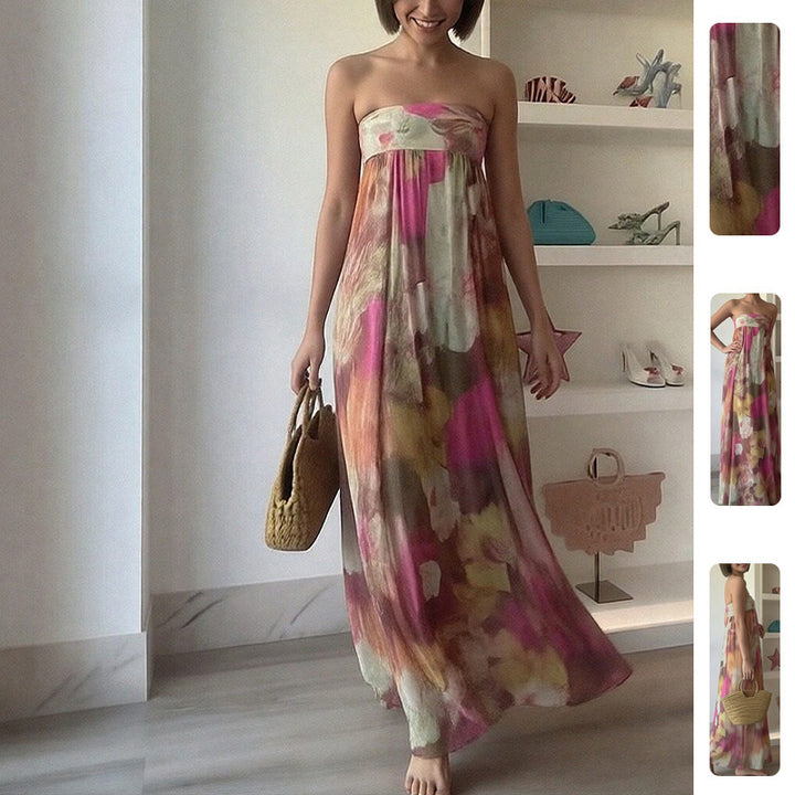 Robe longue de plage pour femmes avec design à épaules dénudées et motif floral Levoire