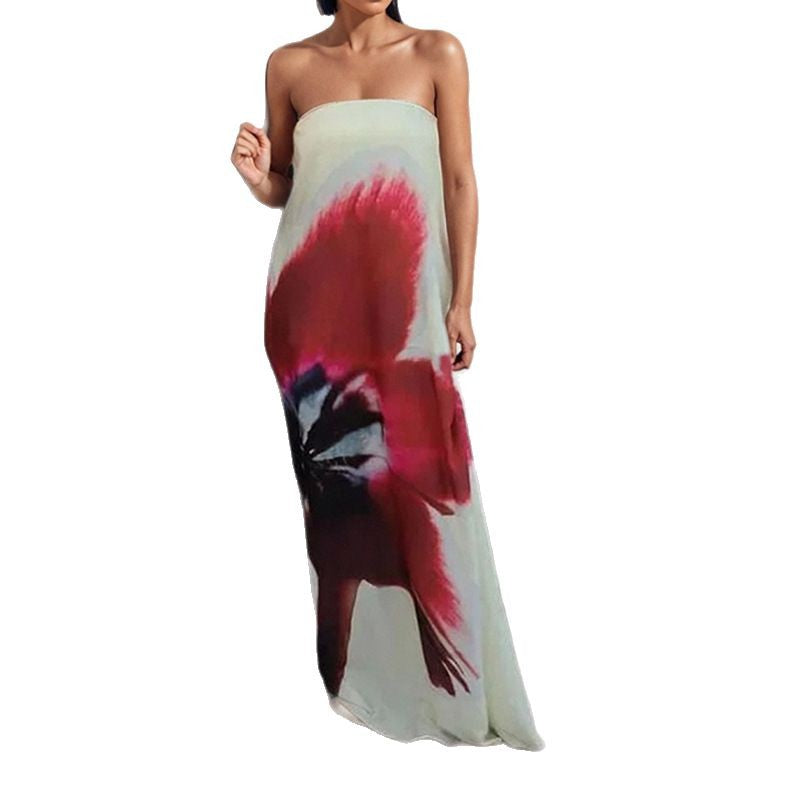 Robe maxi sans bretelles pour femmes avec imprimé floral et tissu fluide Levoire