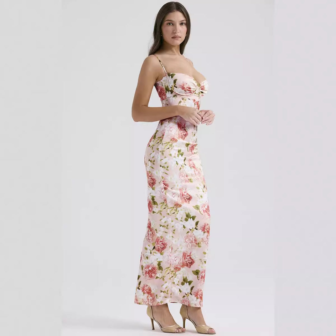 Robe maxi élégante pour femmes avec motif floral et bretelles spaghetti ajustables Levoire