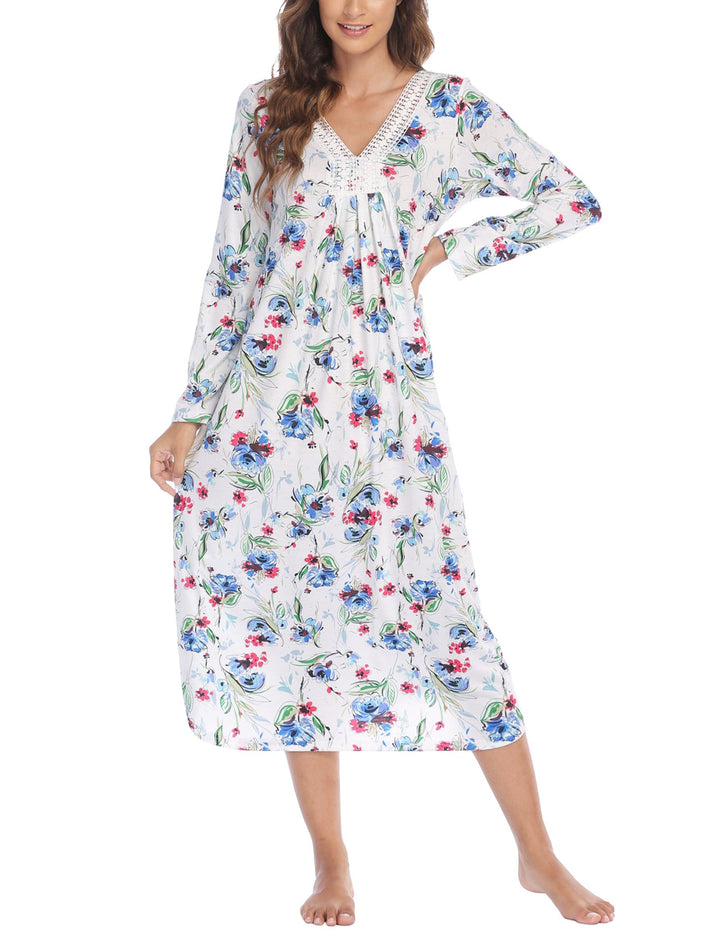 Levoire | Robe de nuit imprimée en nappe en dentelle Fond blanc fleur de lavage en encre bleue
