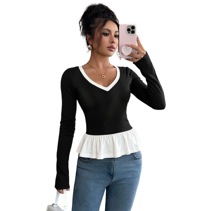Chemise à manches longues pour femmes avec ourlet volanté et décolleté en V profond Levoire