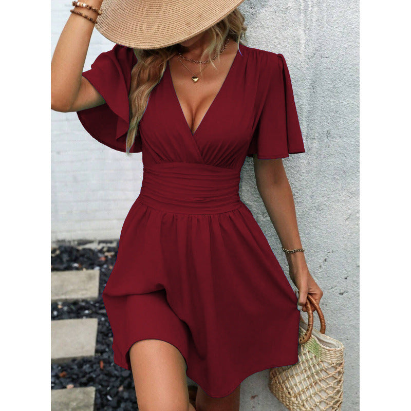 Levoire | Robe froncée Col en V Manche à volants Robe froncée Rouge vin