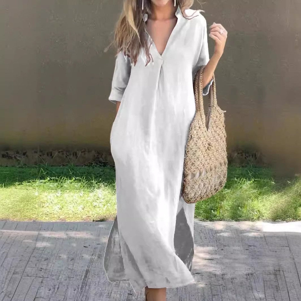 Levoire | Chic Printemps Poche V-Décolleté Midi Robe Blanc