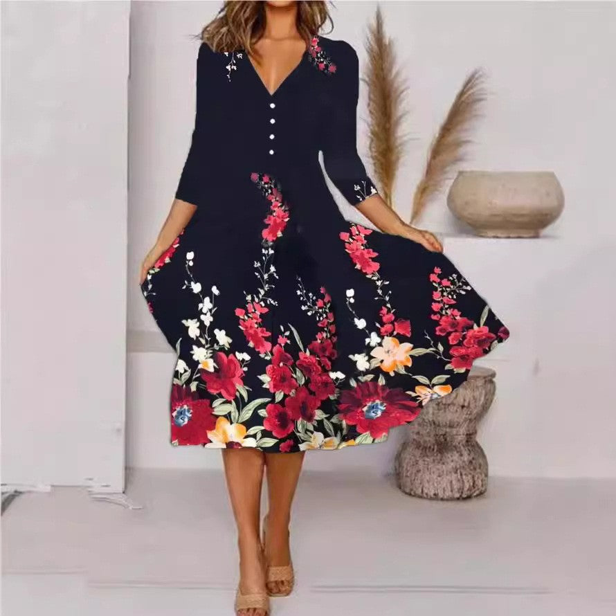 Levoire | Robe à imprimé élégant à manches trois-quarts et col en V carthame