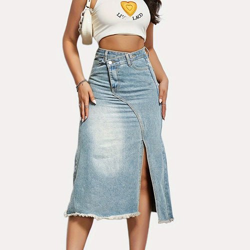 Jupe en denim longue pour femme avec fente asymétrique et ourlet effiloché Levoire