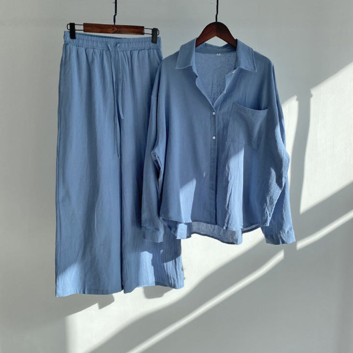 Levoire | Ensemble Chemise Coton Lin Et Pantalon Taille Haute Bleu
