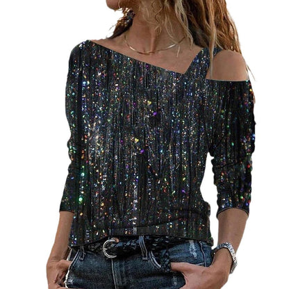 Levoire | T-shirt off-shoulder à imprimé marbré tendance à manches mi-longues