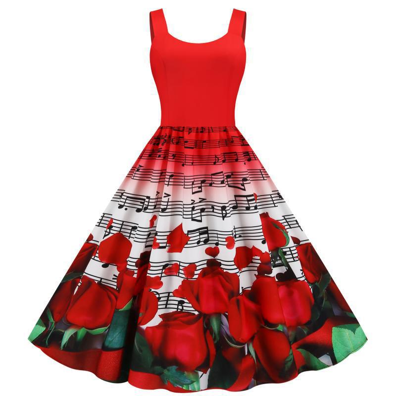 Robe swing pour femmes avec motif de rose musicale et jupe évasée Levoire