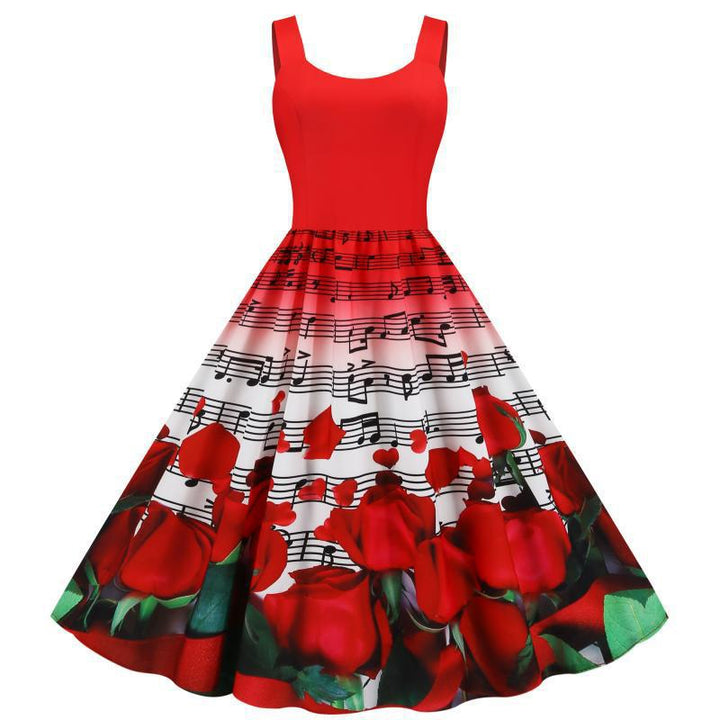 Robe swing pour femmes avec motif de rose musicale et jupe évasée Levoire