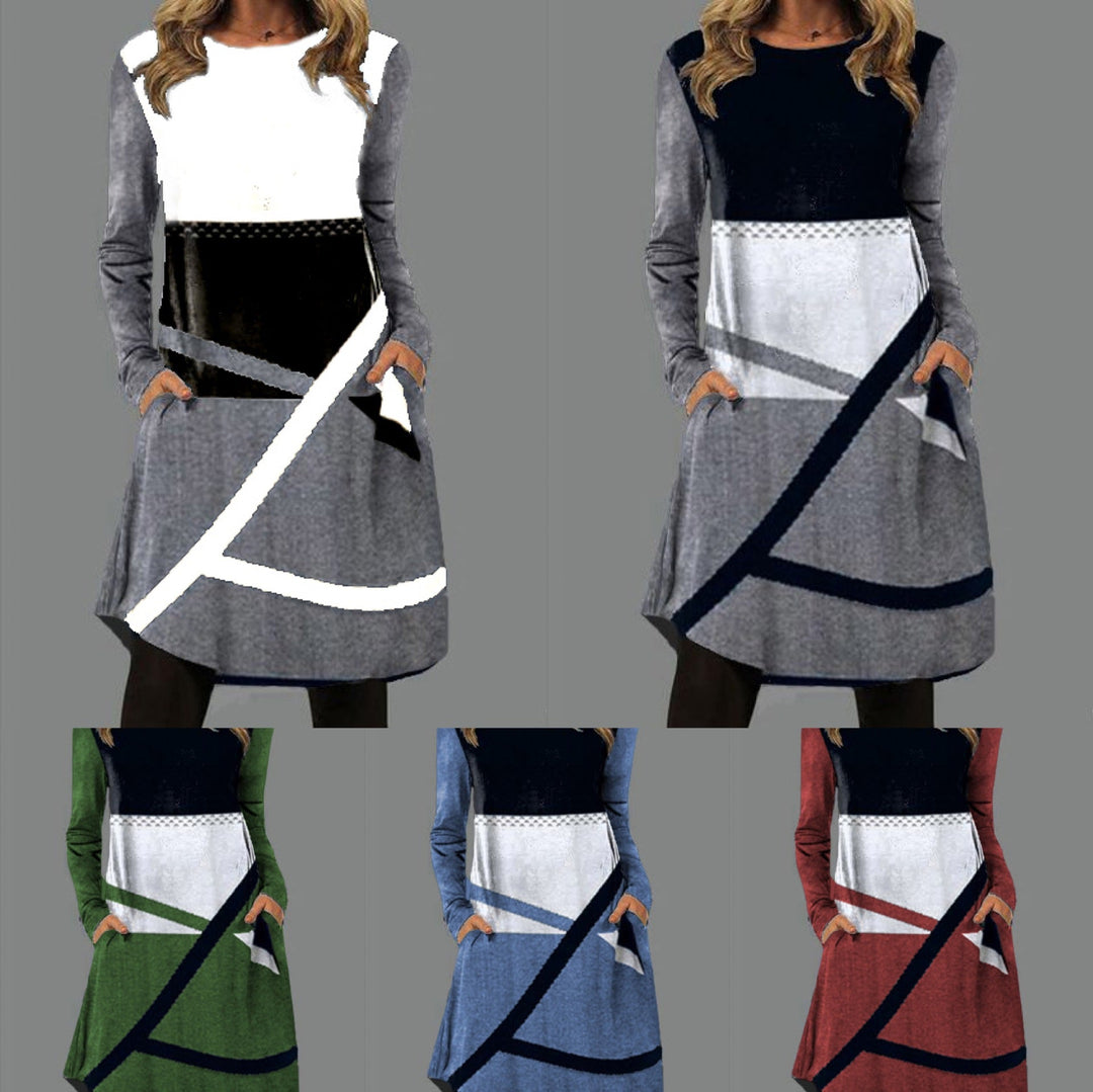 Levoire | Trendik Imprimé Col Ronde Longue Manche Tissu Poche Robe