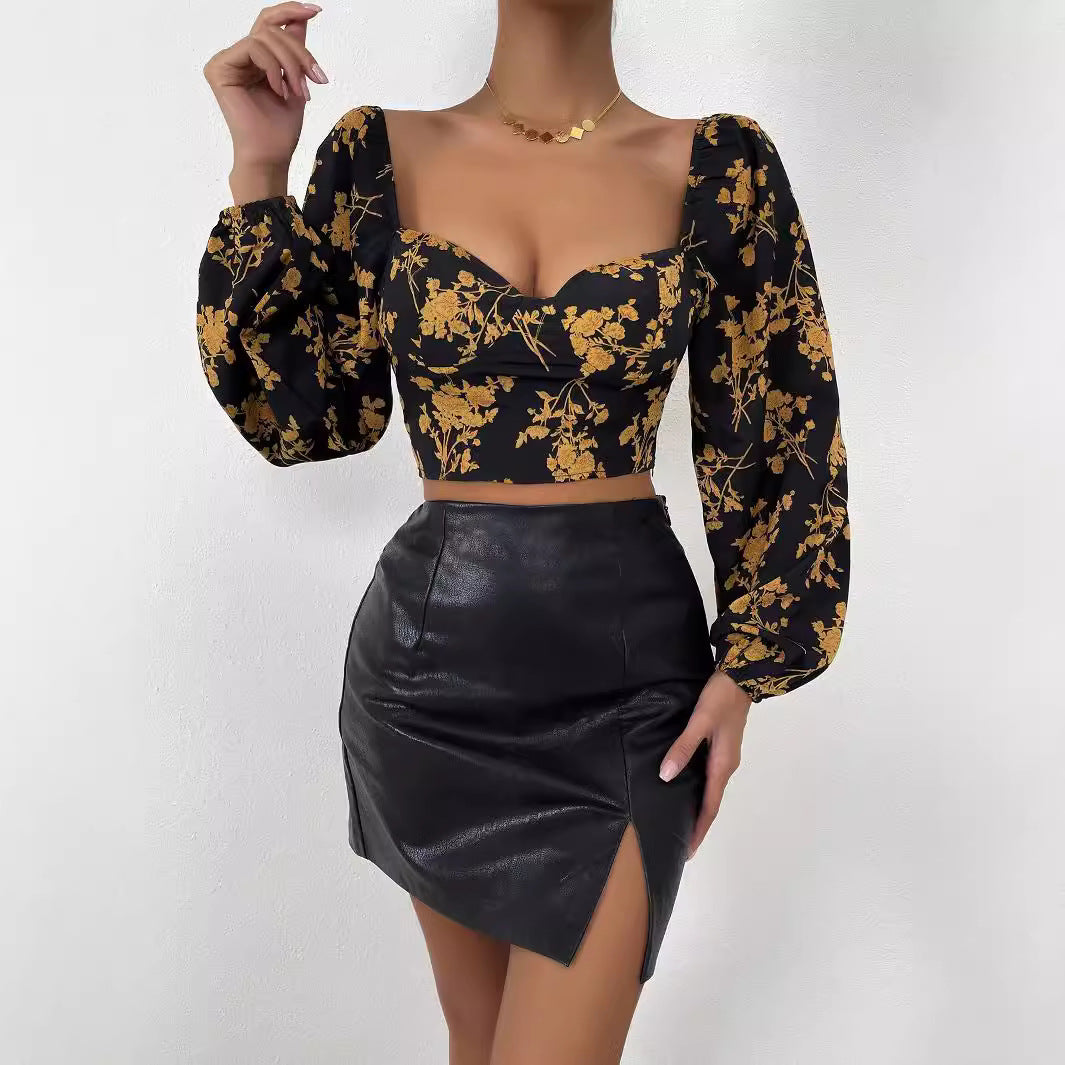 Top court féminin avec motif floral et élégante manches bouffantes Levoire