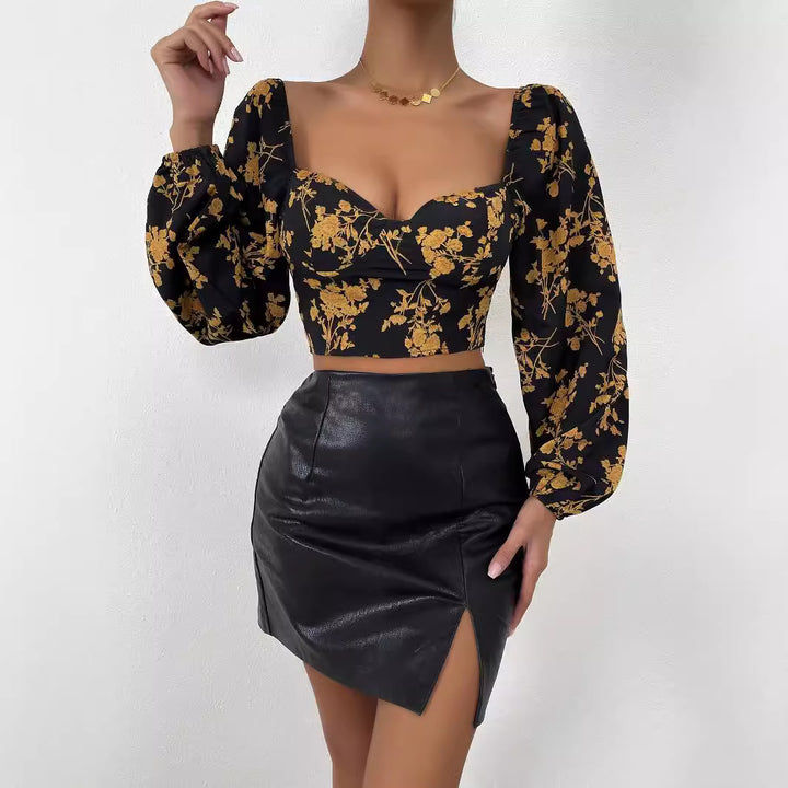 Top court féminin avec motif floral et élégante manches bouffantes Levoire