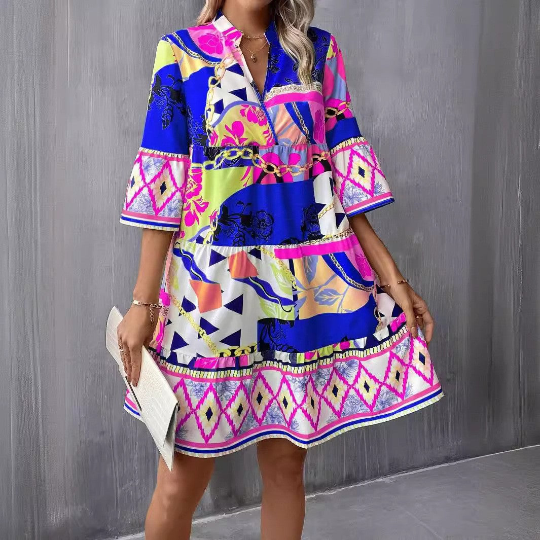 Levoire | Élégante robe-blouse à volants à manches cinq points Bleu