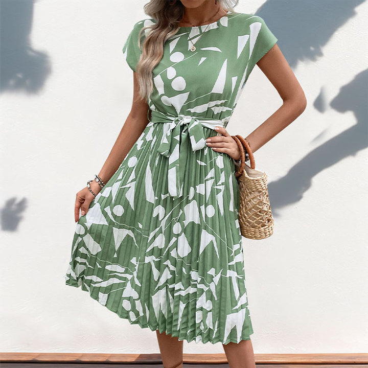 Robe maxi plissée pour femmes avec motif artistique et ceinture à nouer ajustable Levoire