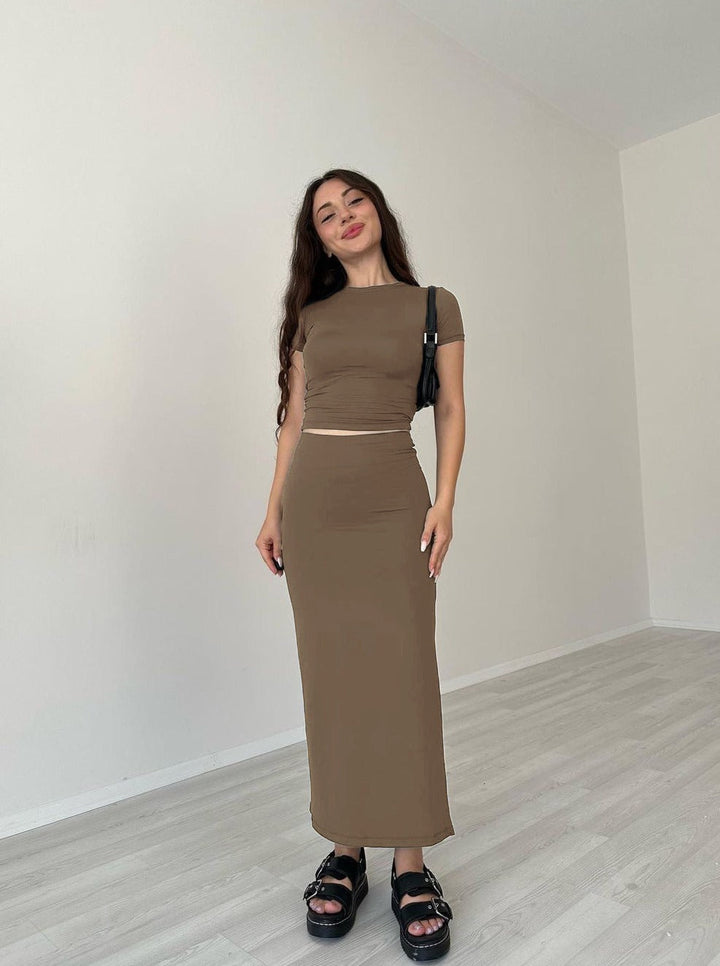 Levoire | Crop Top À Col Rond Khaki Et Ensemble Jupe XXL