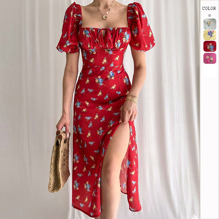 Robe maxi à motif floral pour femmes avec manches bouffantes et fente haute Levoire
