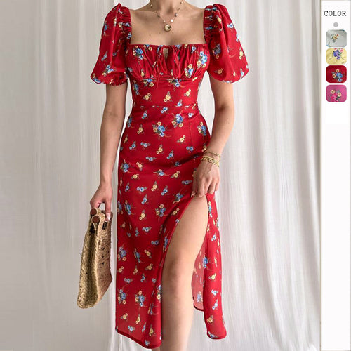 Robe maxi à motif floral pour femmes avec manches bouffantes et fente haute Levoire